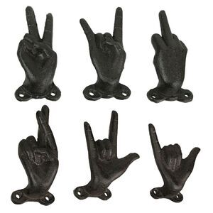 Set of 6 Hand Gesture Hooks - Peace, Rock, ASL - Rustic Finish